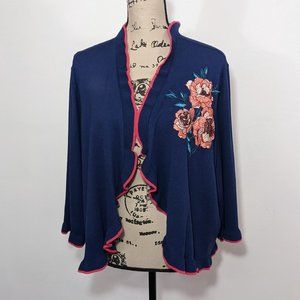 Lane Bryant Open Front Cardigan 22 24 Blue Ruffle Trim Embroidered Roses NWT